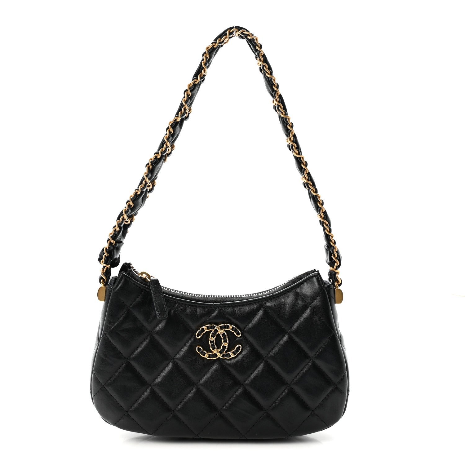 Chanel Crumpled Calfskin Quilted Braided CC Small Hobo Black