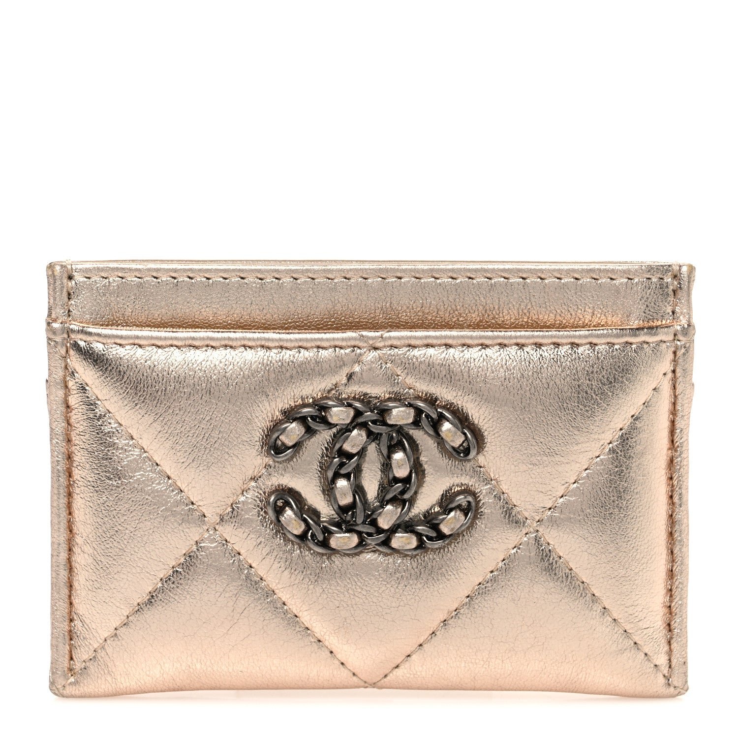 Chanel Metallic Goatskin Quilted Chanel 19 Card Holder Gold