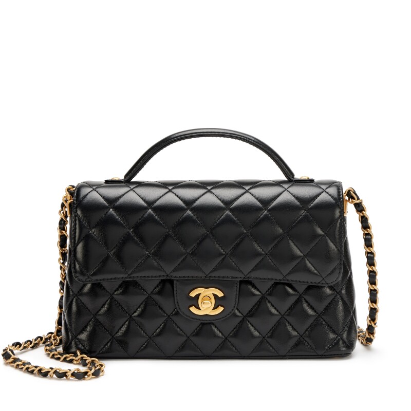 Black Quilted Lambskin Top Handle Medium Flap Bag Aged Gold Hardware, 2025