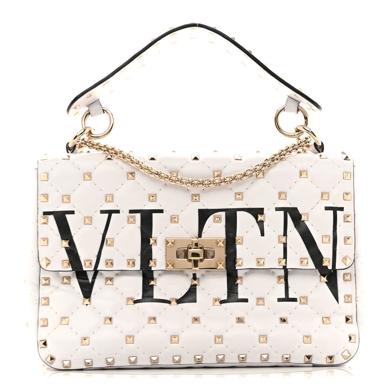 Valentino Garavani Lambskin VLTN Print Medium Rockstud Spike Shoulder Bag Optic White Black