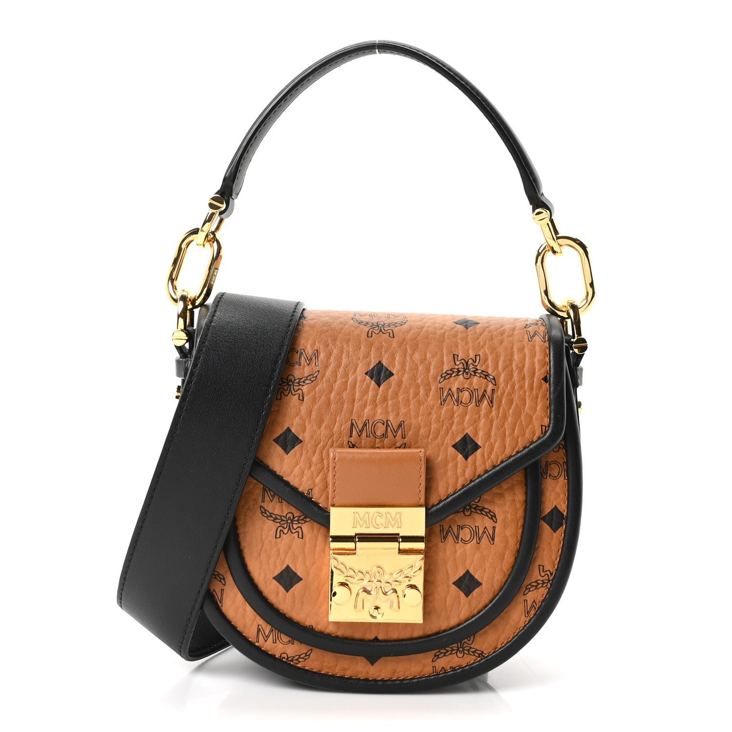 MCM Visetos Mini Patricia Round Crossbody Wallet Cognac Black