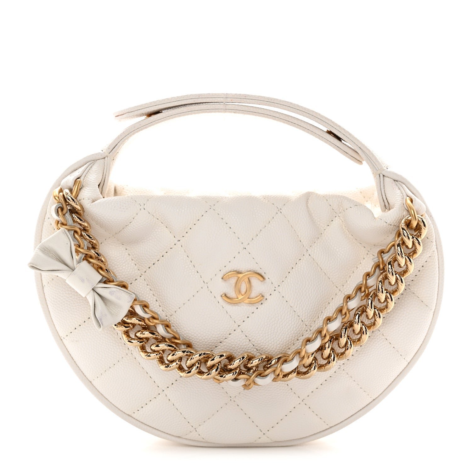 Chanel Shiny Caviar Quilted Bow Pouch Hobo White