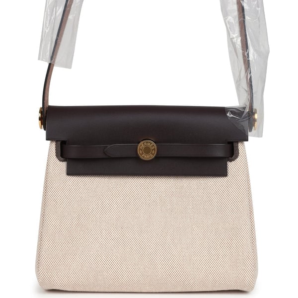 Hermes Herbag Zip 20 Mini Ecru, Beige Toile H Canvas, Ebene Vache Hunter Gold Hardware