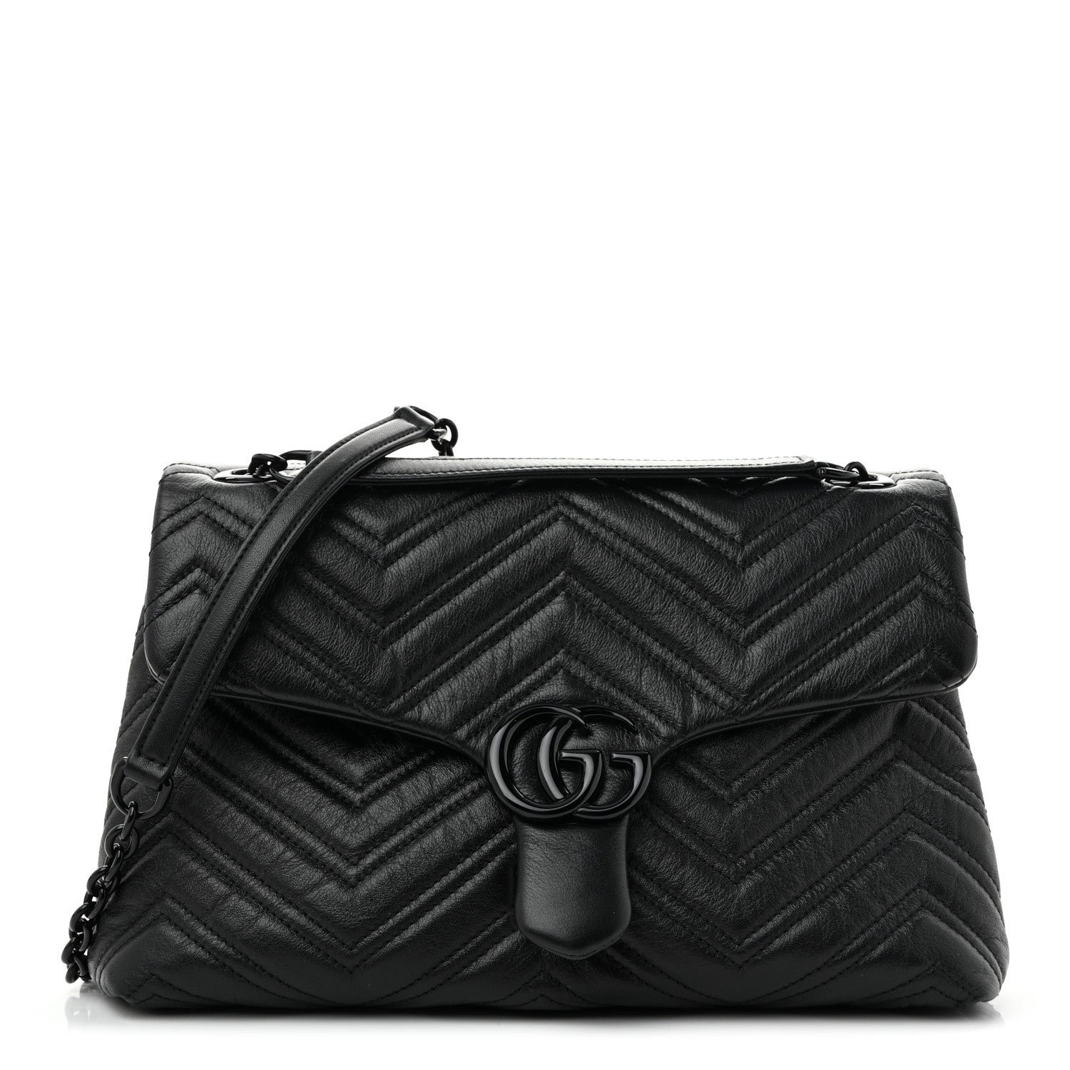Gucci Soft Calfskin Matelasse Monochrome Medium GG Marmont Shoulder Bag Black