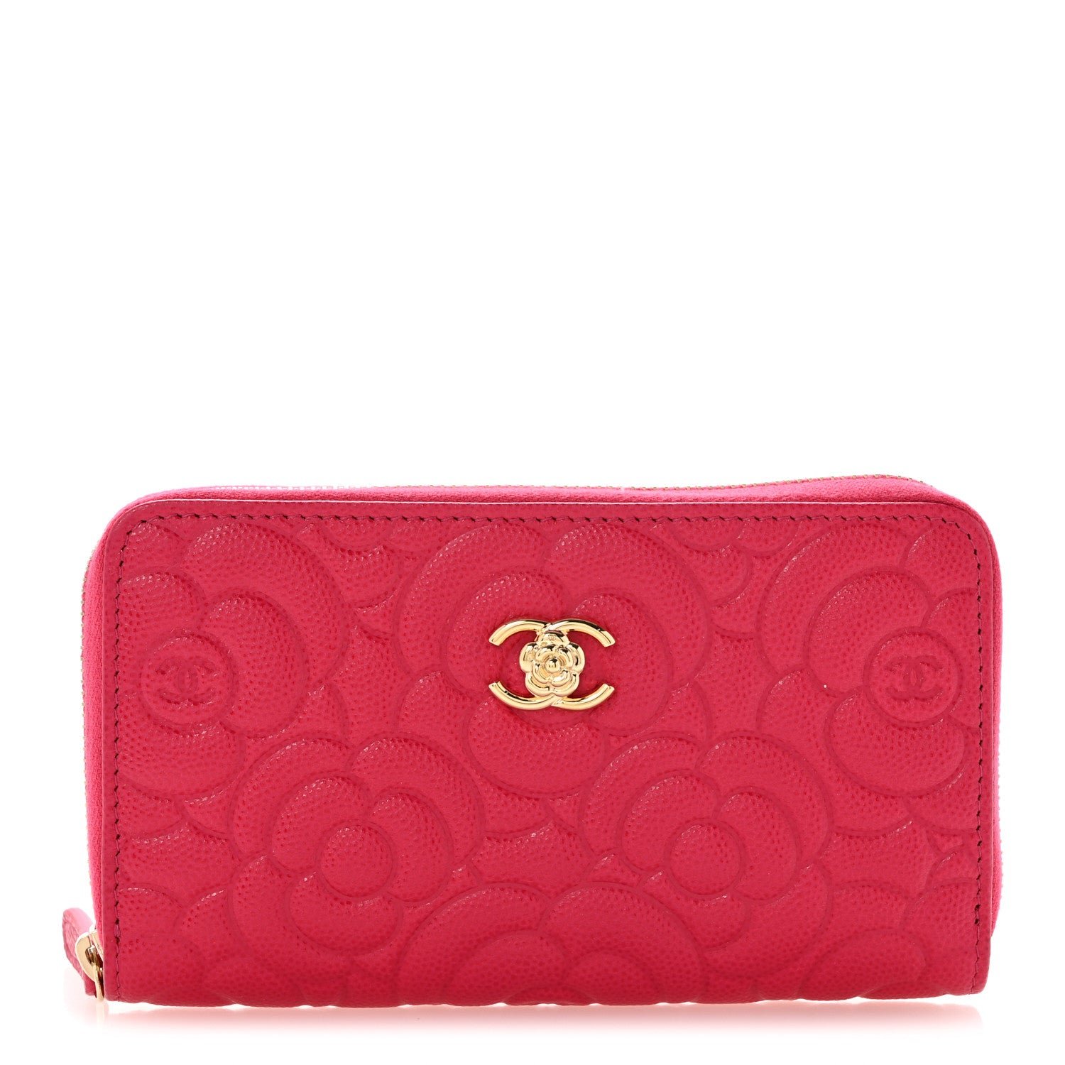 Chanel Caviar Camellia Embossed Medium Zip Around Gusset Wallet Pink