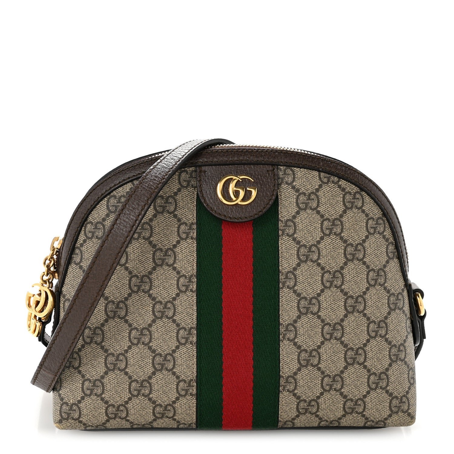 Gucci GG Supreme Monogram Textured Dollar Calfskin Web Small Ophidia Dome Shoulder Bag Beige Ebony New Acero