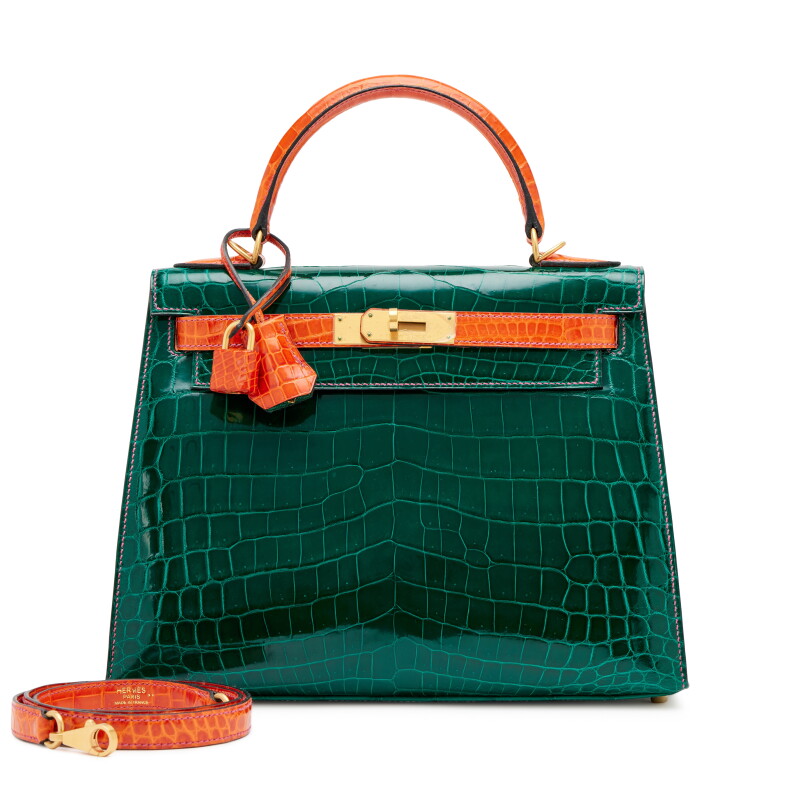 Vert Emeraude and Orange Shiny Niloticus Crocodile Sellier HSS Kelly 28 Brushed Gold Hardware, 2014