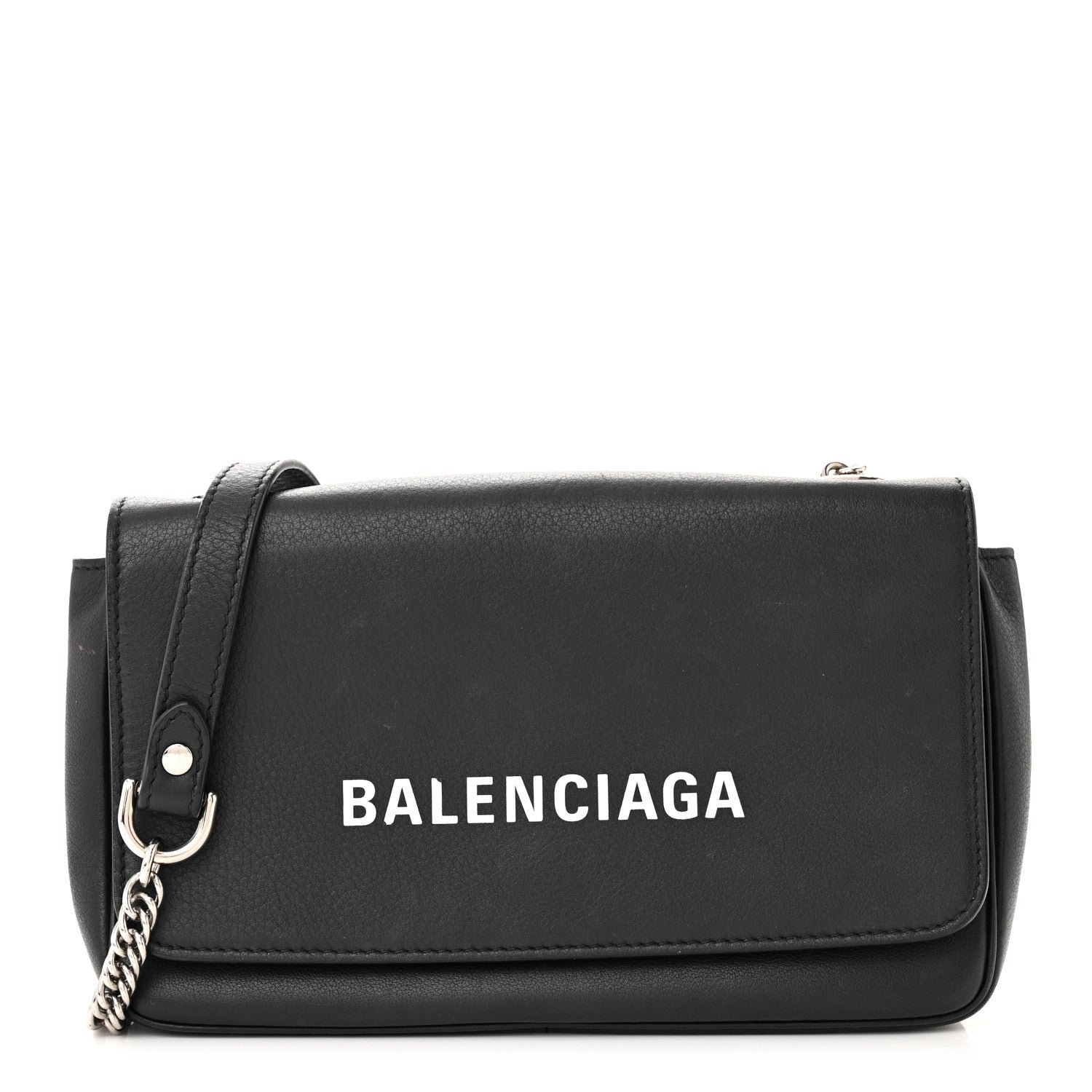 Balenciaga Pebbled Calfskin Logo Everyday Flap Chain Wallet Black