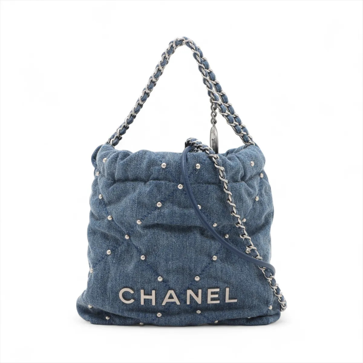 Chanel Chanel 22 Mini Denim×Pearl Chain Shoulder Bag Blue Silver Metal Fittings