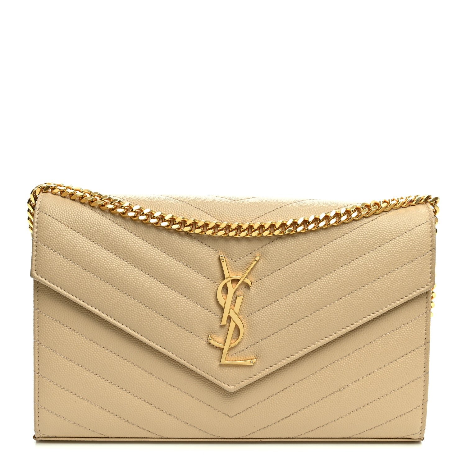 Saint Laurent Grain De Poudre Matelasse Chevron Monogram Chain Wallet Nude Powder Nude Powder