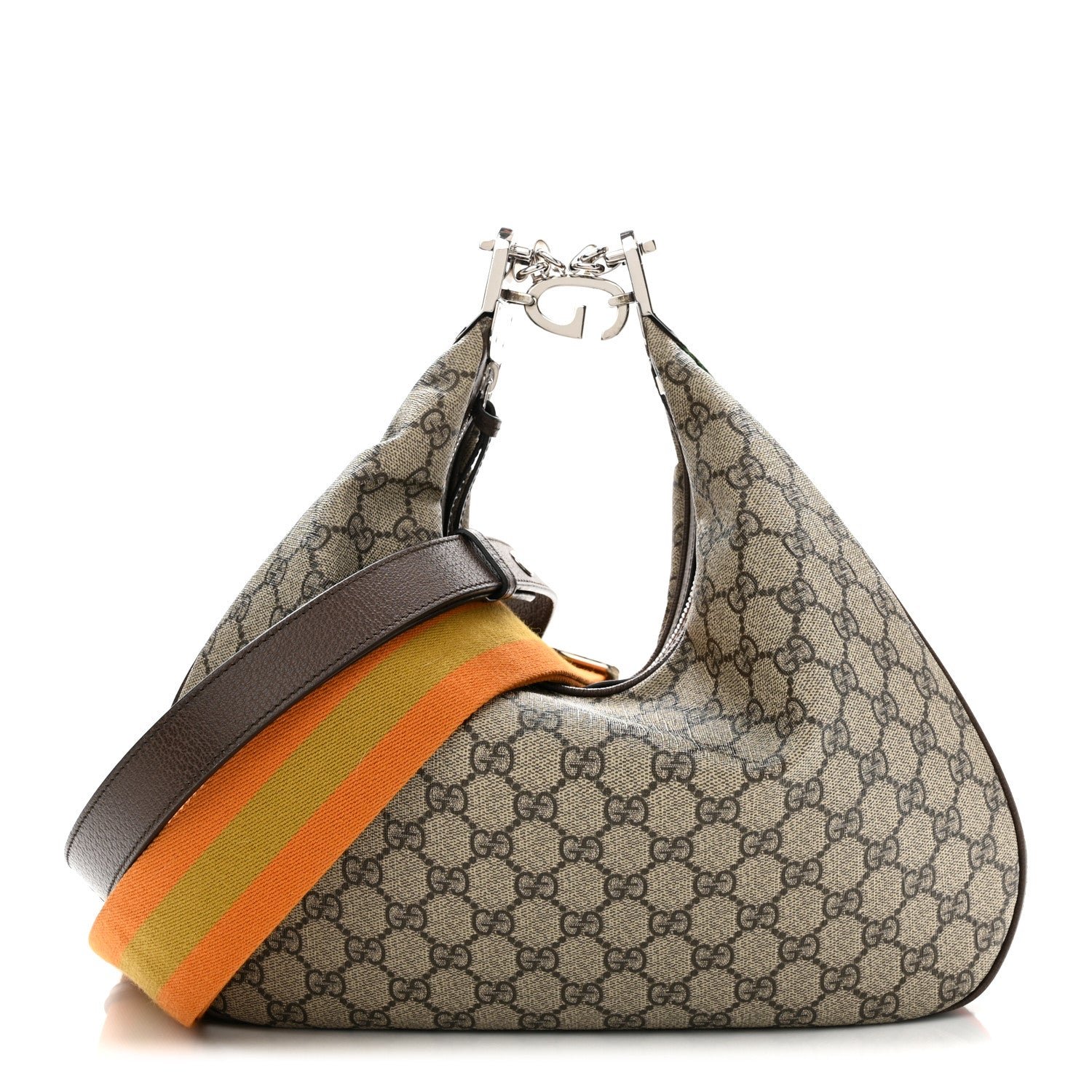 Gucci GG Supreme Monogram Textured Calfskin Web Large Attache Shoulder Bag Beige Ebony New Acero