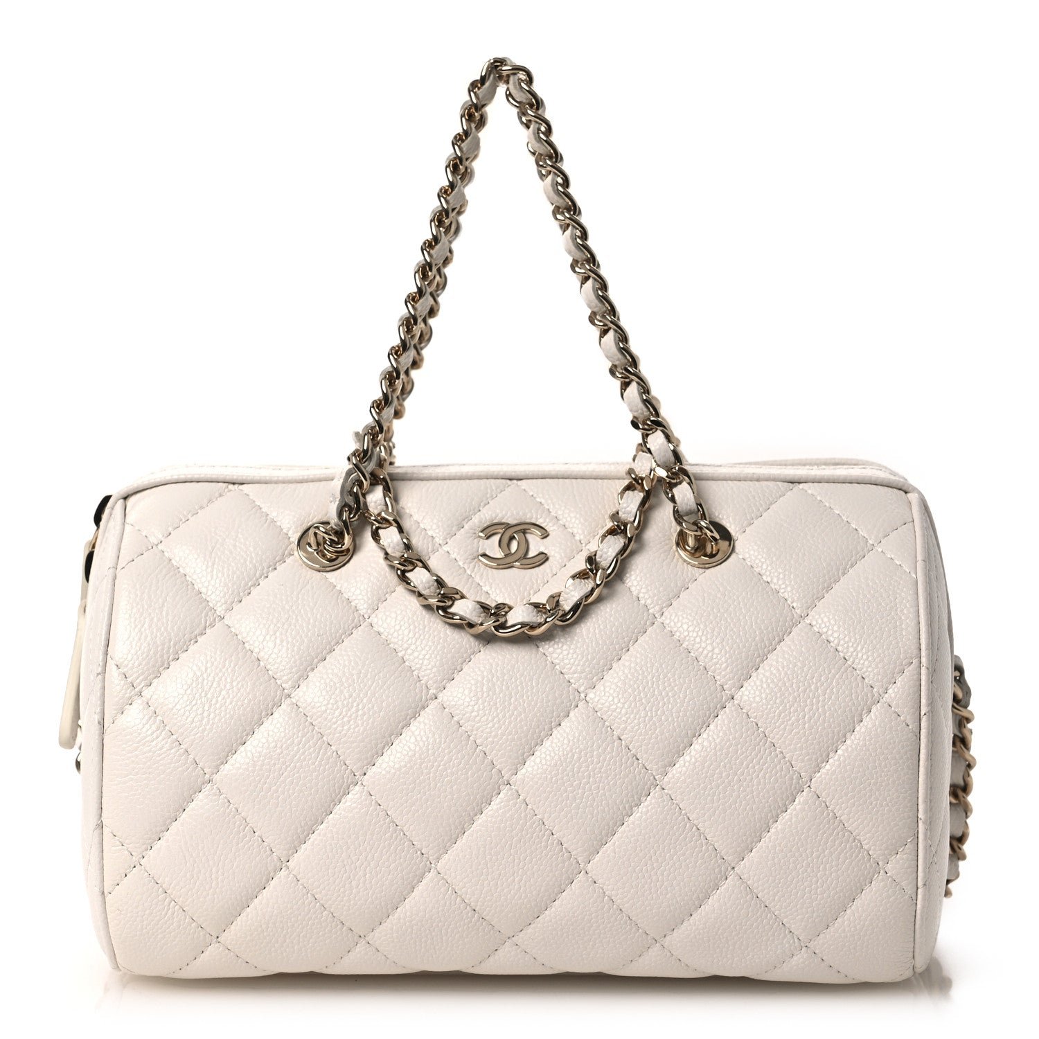 Chanel Caviar Quilted Barrel Clutch With Chain White