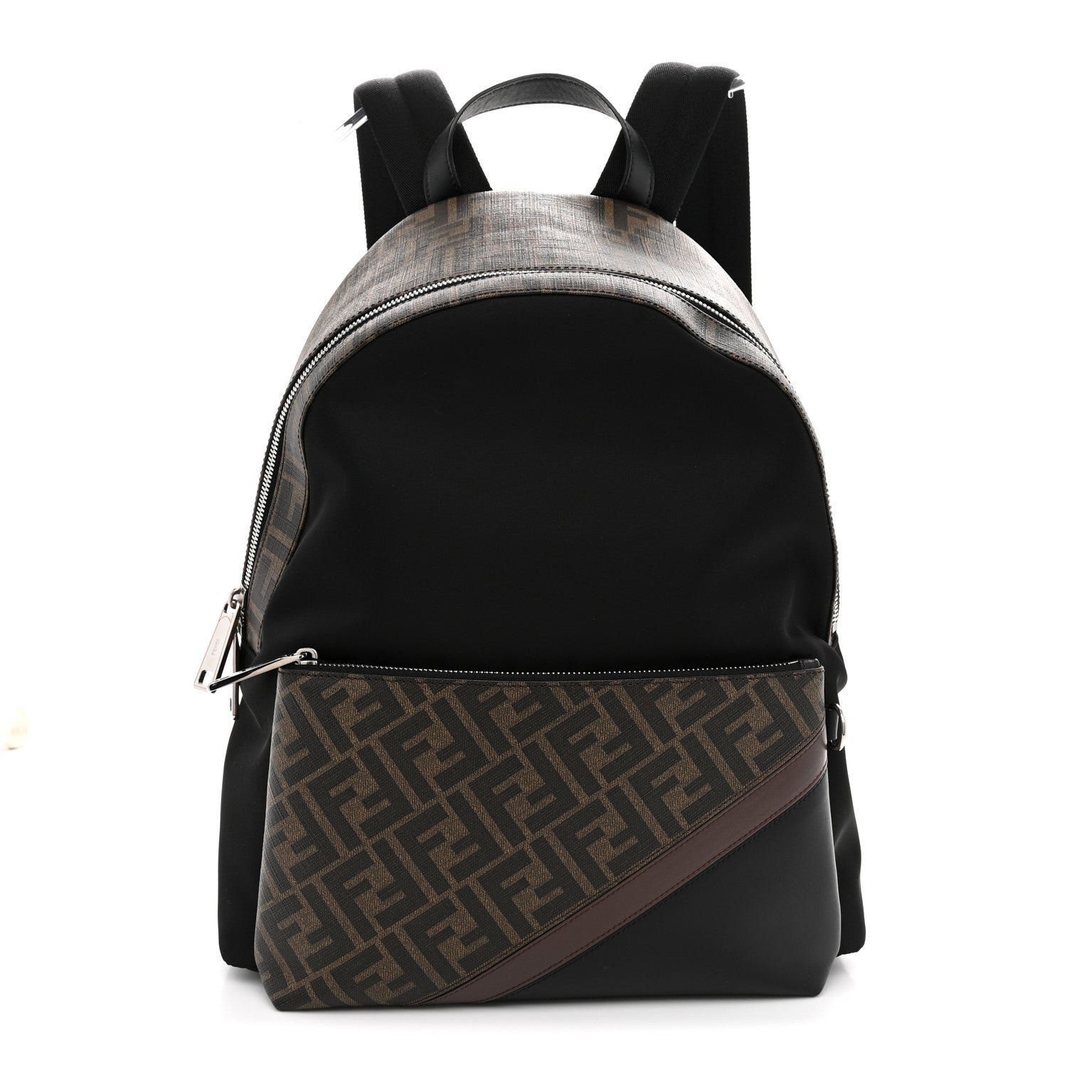 Fendi Glazed Fabric Nylon FF 1974 Diagonal Pouch Pocket Backpack Tobacco Moresco Black