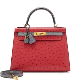 Hermes Rouge Vif and Gris Agate Ostrich Sellier HSS Kelly 28 Brushed Gold Hardware, 2017