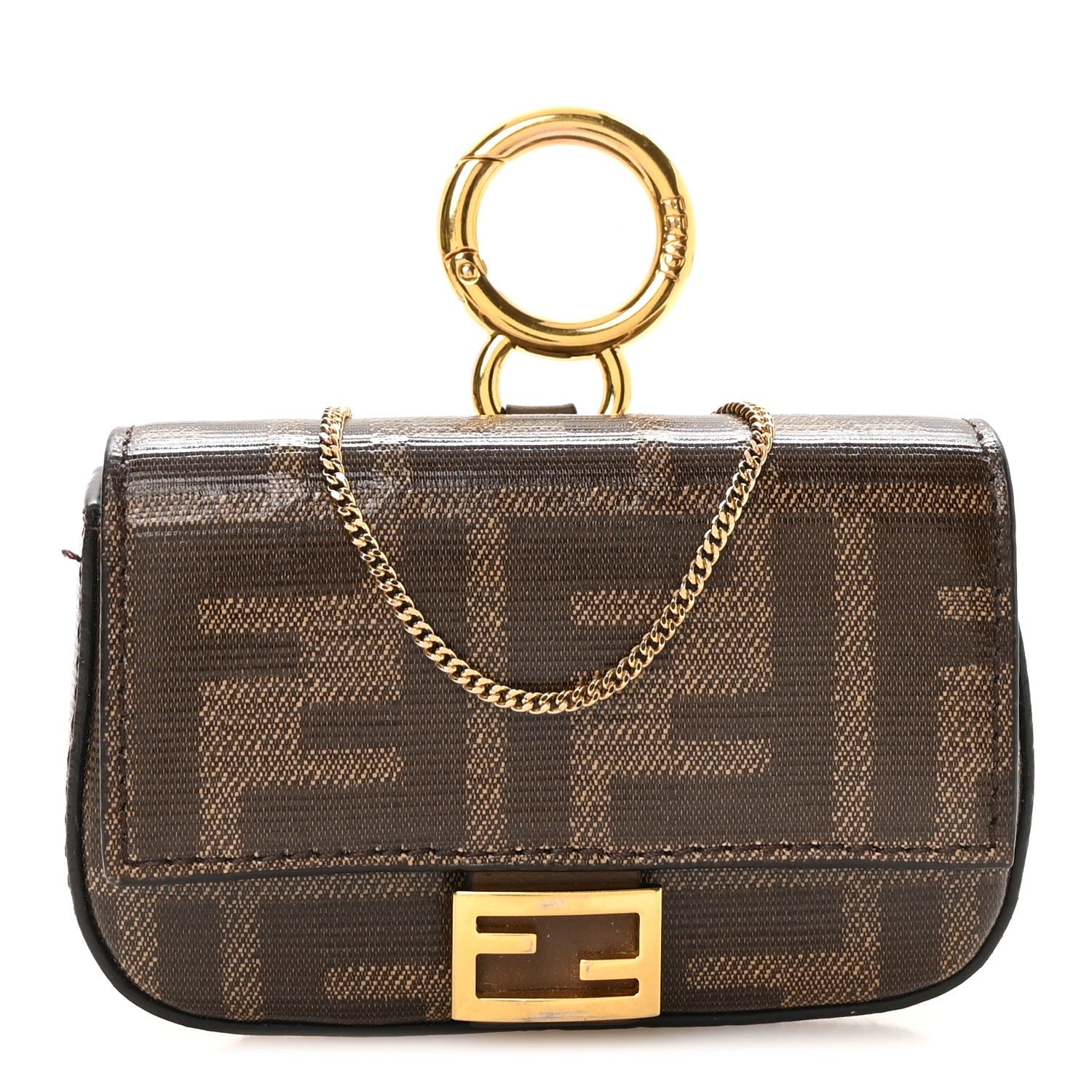 Fendi Glazed Fabric FF 1974 Nano Baguette Charm Mogano Panna