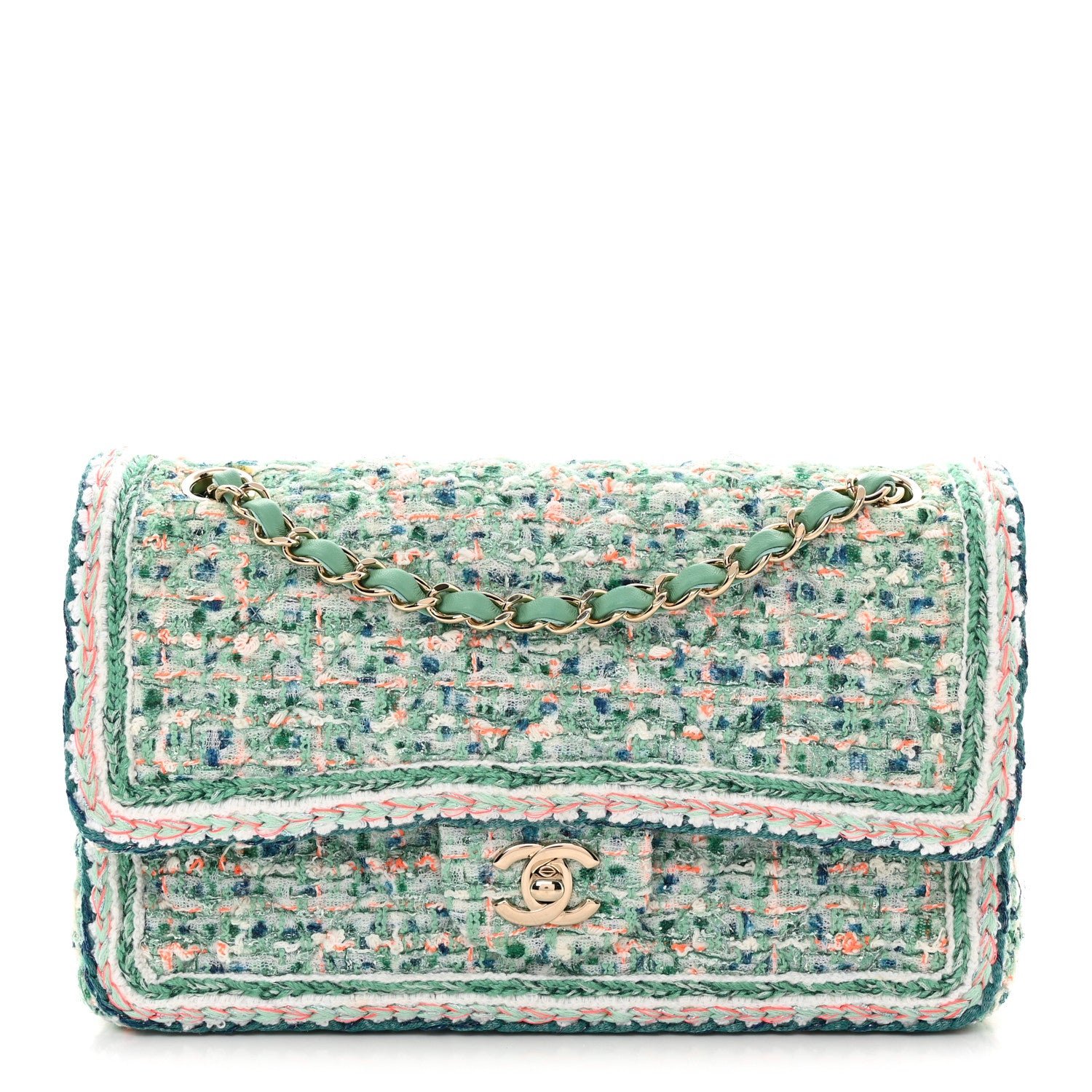 Chanel Tweed Braided Medium Flap Green Blue Multicolor