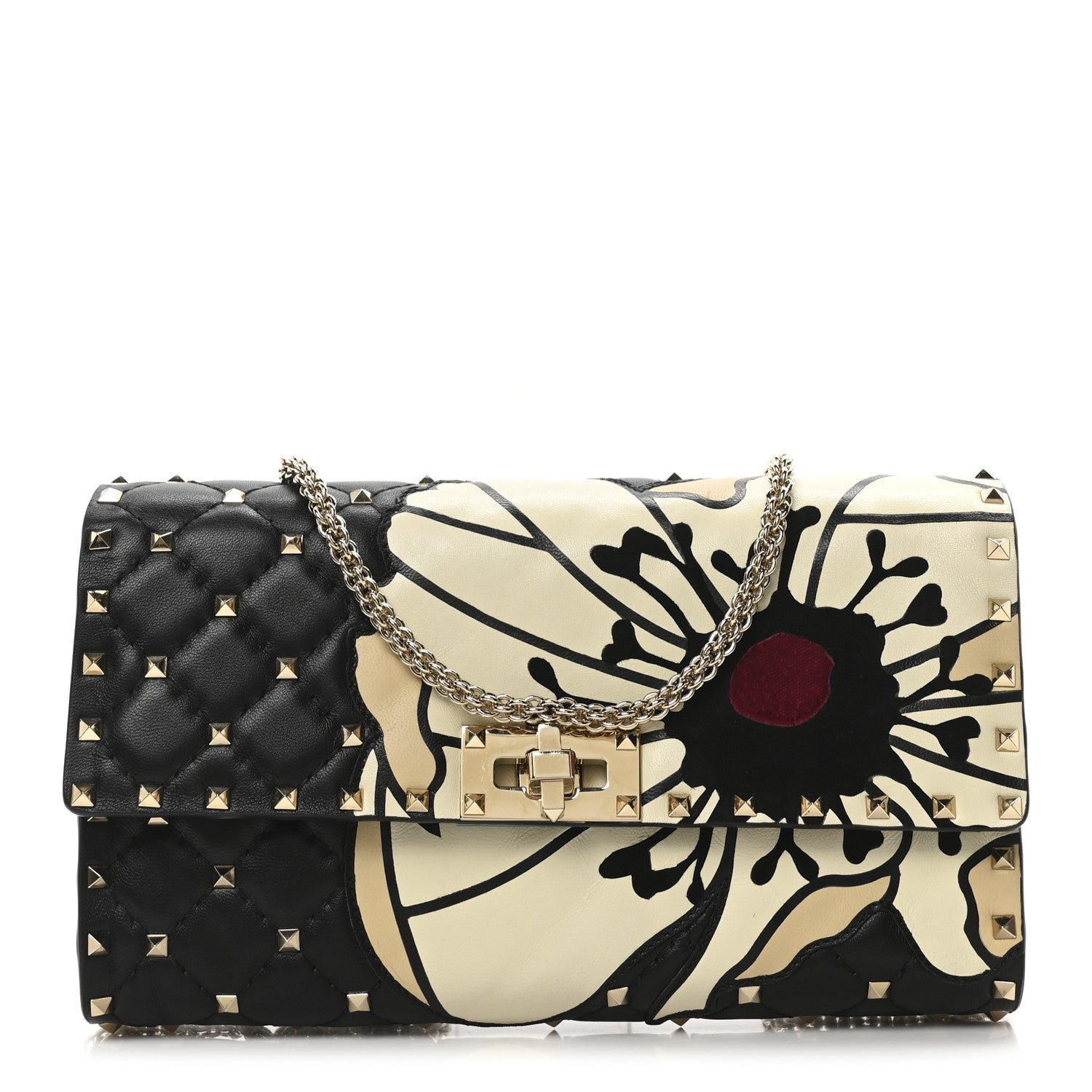 Valentino Garavani Nappa Rockstud Spike Flower Wallet on Chain Black Ivory