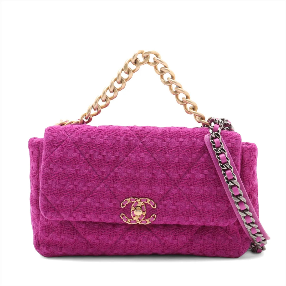 Chanel CHANEL 19 Large tweed x leather Chain Shoulder Bag Purple Gold x Silver M