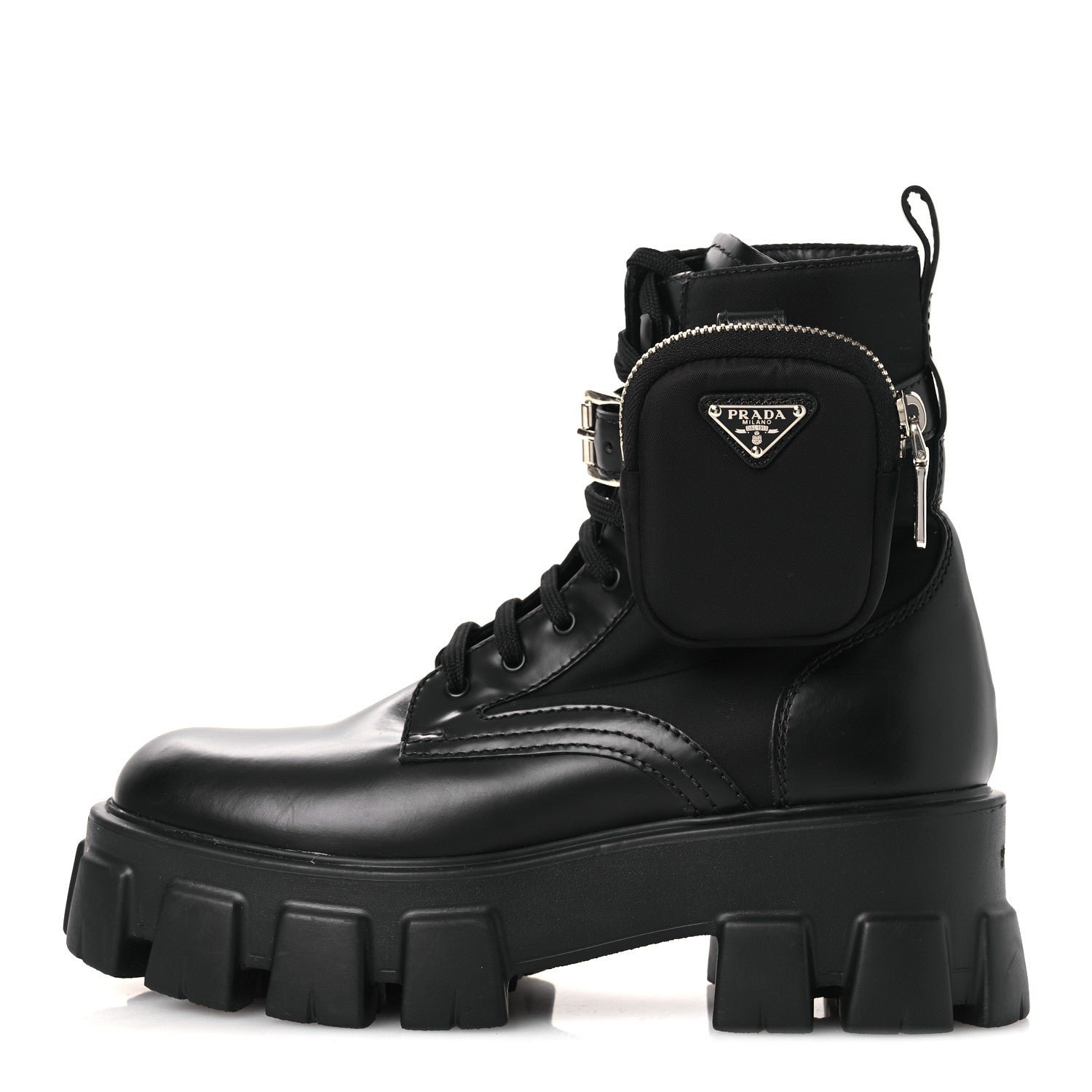 Prada Prada Spazzolato Rois Nylon Metal Triangle Logo Monolith Pouch Pocket 55mm Boots 38 Black