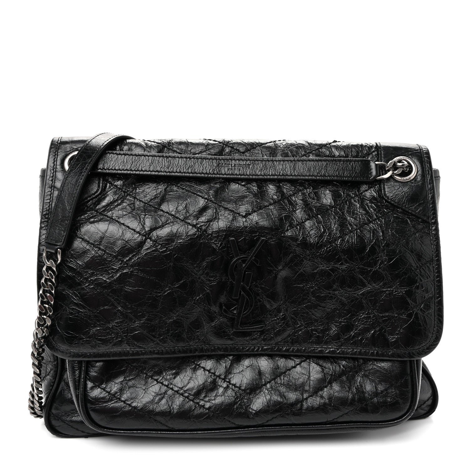 Saint Laurent Crinkled Calfskin Matelasse Monogram Large Niki Chain Satchel Black