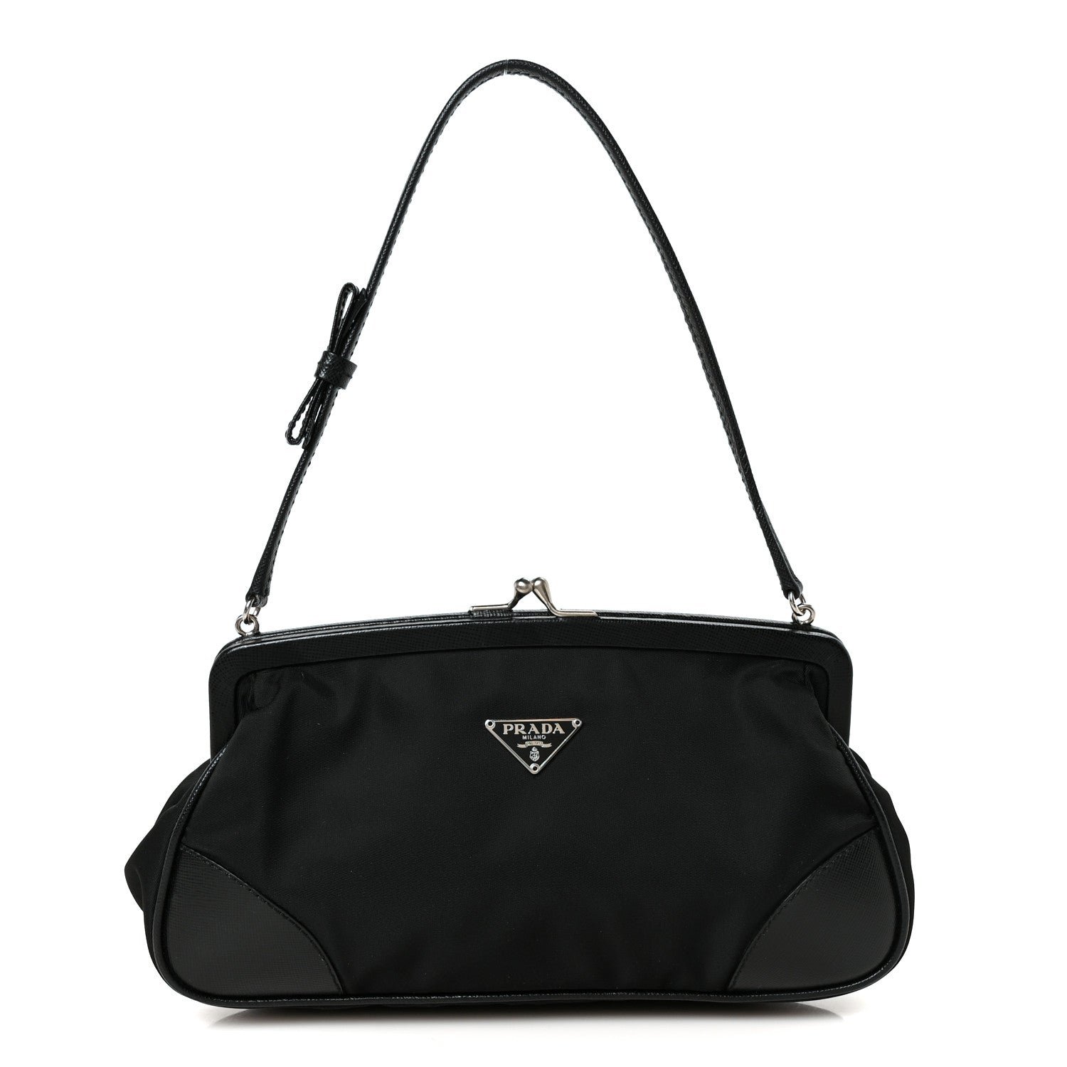 Prada Tessuto Nylon Saffiano Kisslock Shoulder Bag Black