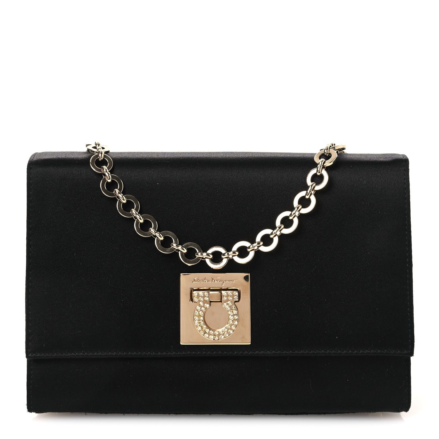 Salvatore Ferragamo Satin Crystal Gancini Chain Flap Bag Black