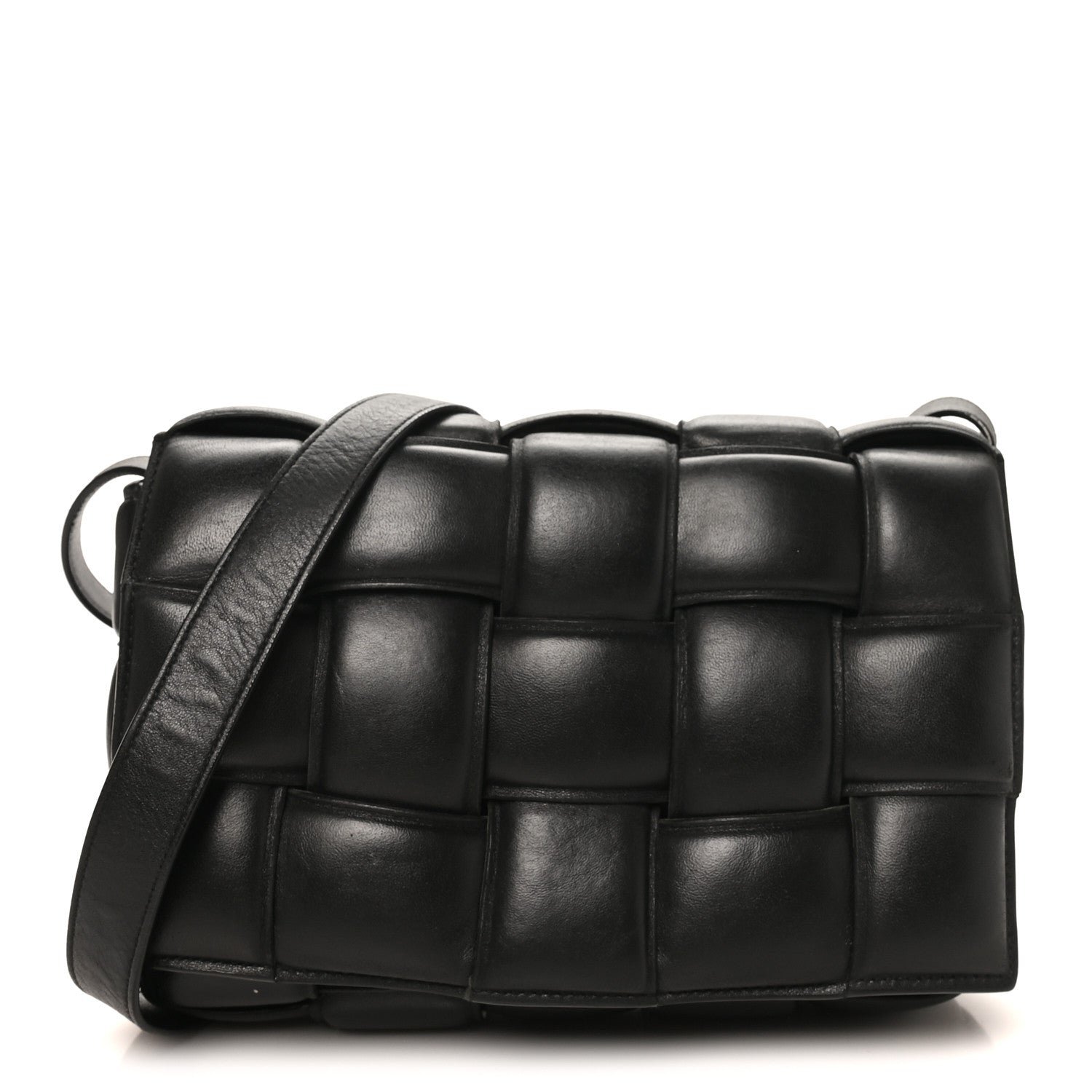 Bottega Veneta Paper Calfskin Maxi Intreccio Padded Cassette Crossbody Bag Black