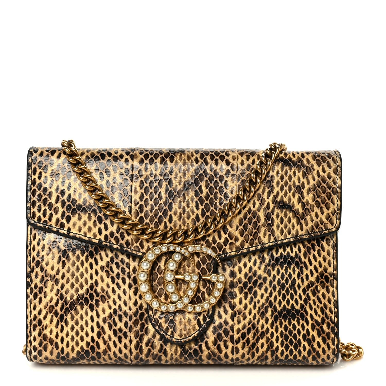 Gucci Snakeskin Pearly GG Marmont Chain Wallet Roccia