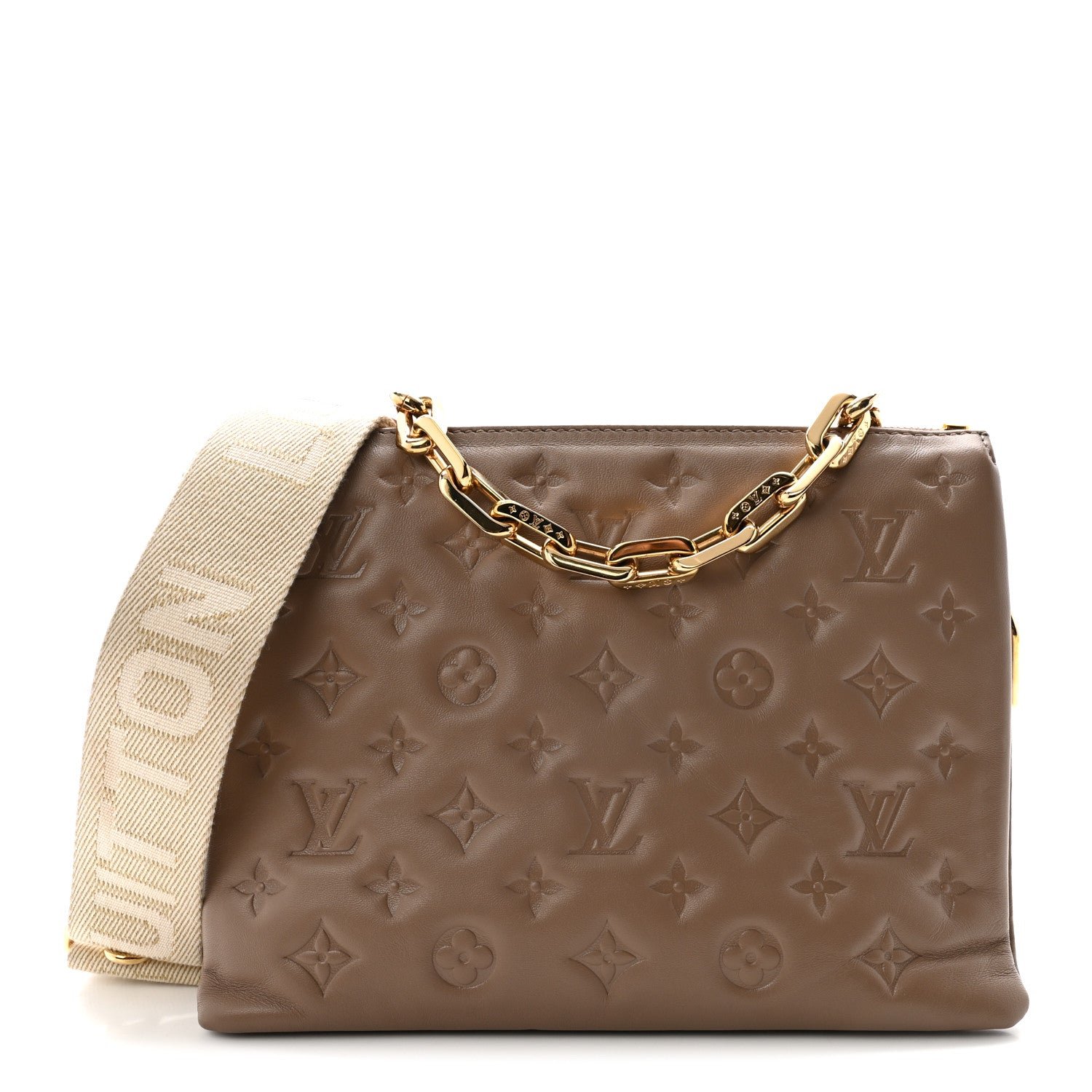 Louis Vuitton Lambskin Embossed Monogram Coussin PM Taupe
