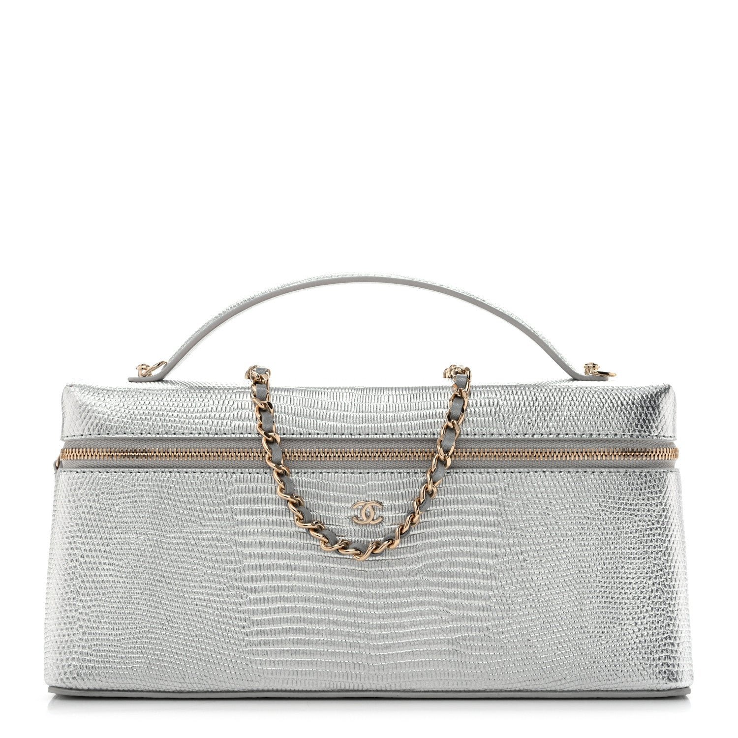 Chanel Lizard Embossed Top Handle Slim Vanity With Chain Silver