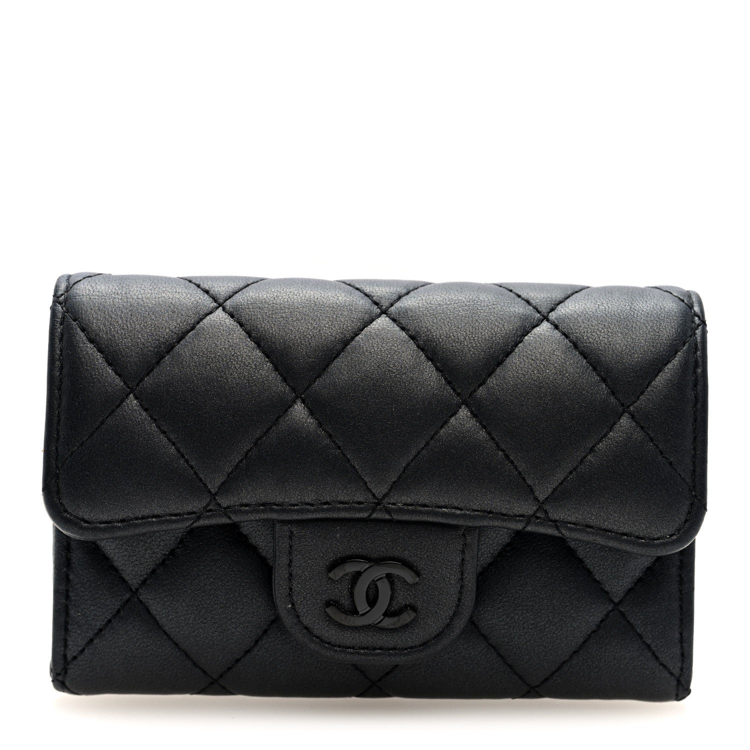 Chanel Pearly Lambskin Quilted Flap Card Holder Wallet So Black