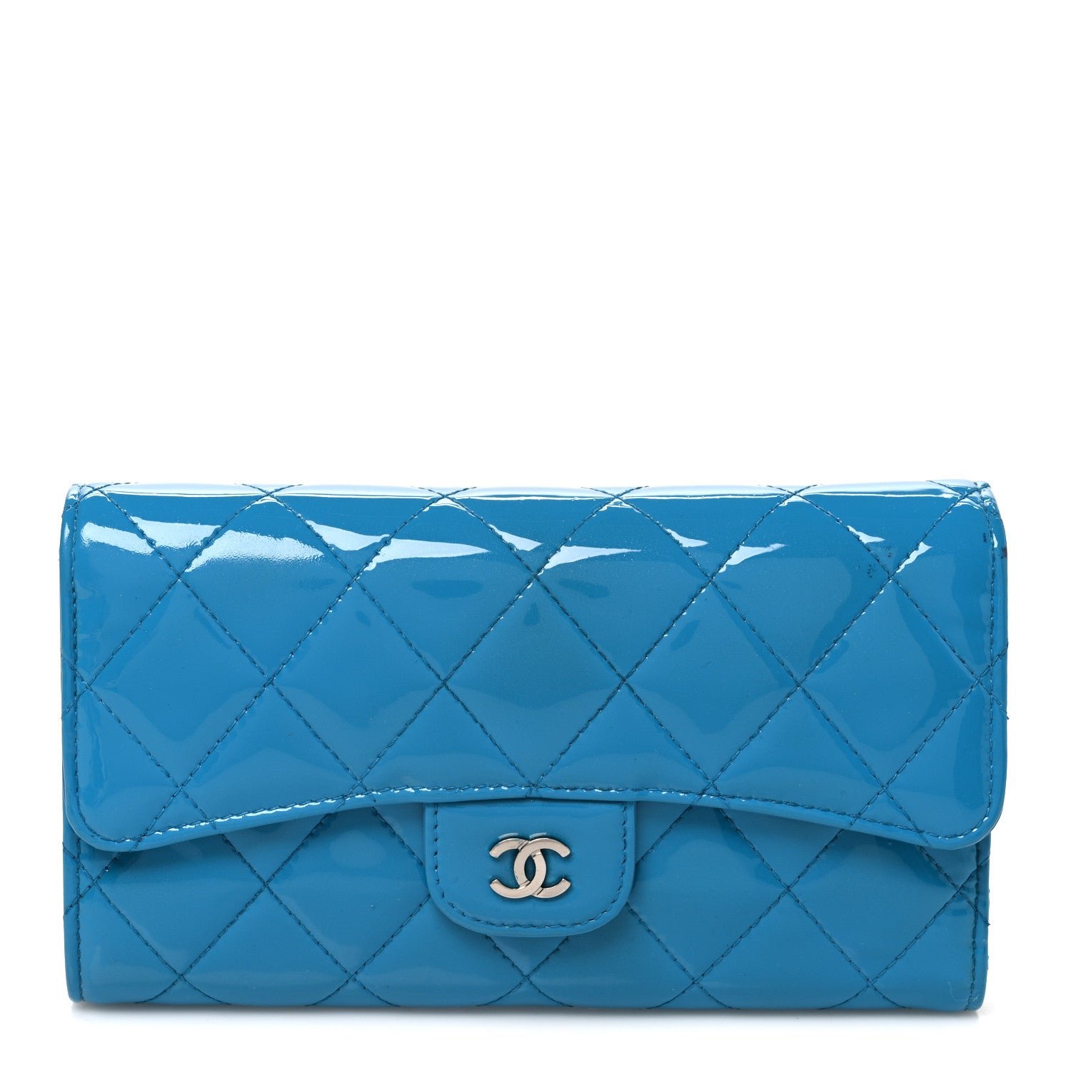 Chanel Patent Calfskin Quilted Large Flap Wallet Blue