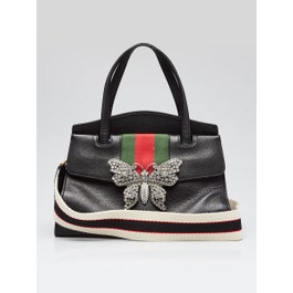 Gucci Black Leather Crystal Butterfly Linea Totem Medium Top Handle Bag