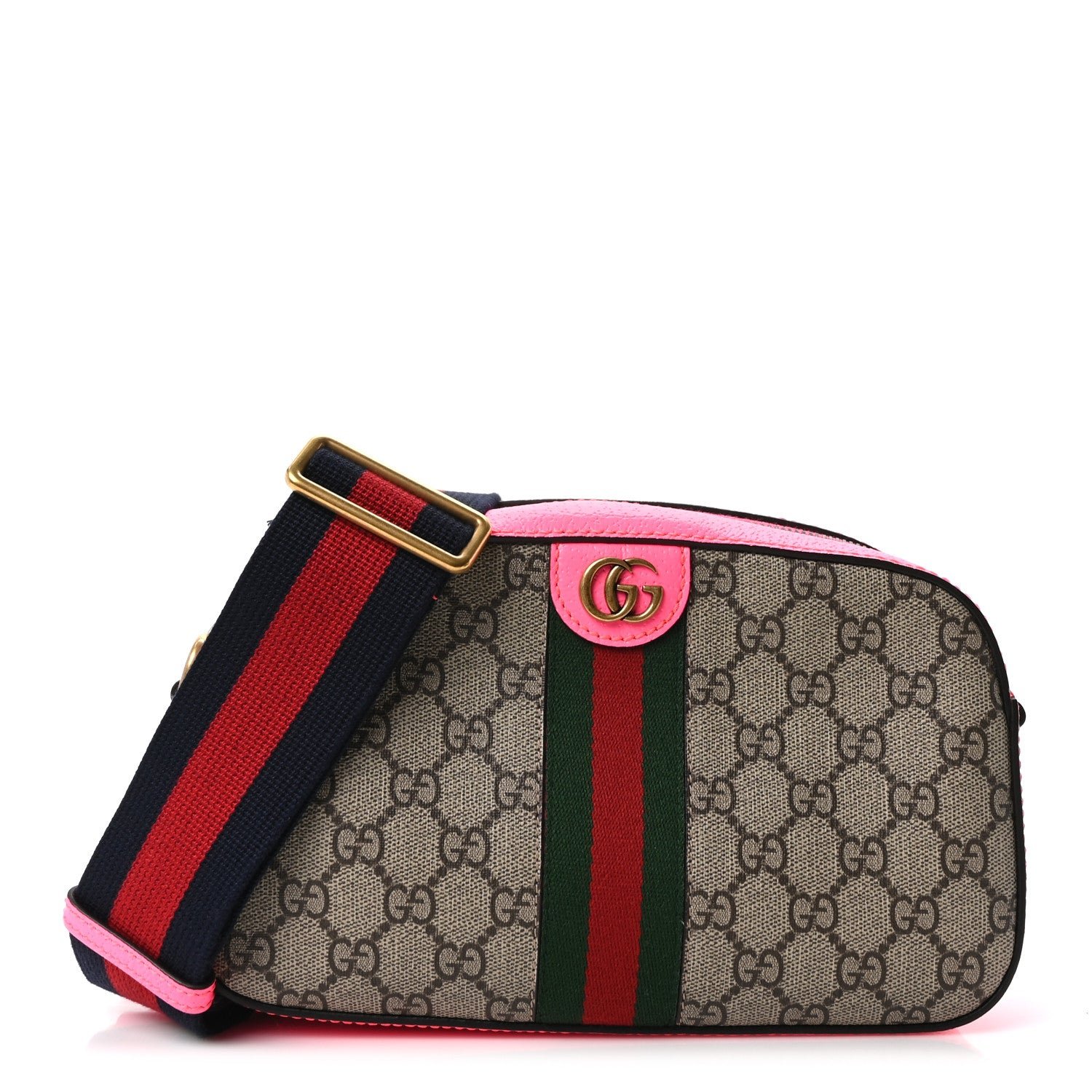 Gucci GG Supreme Monogram Textured Dollar Calfskin Web Ophidia Small Crossbody Bag Beige Ebony Fuchsia