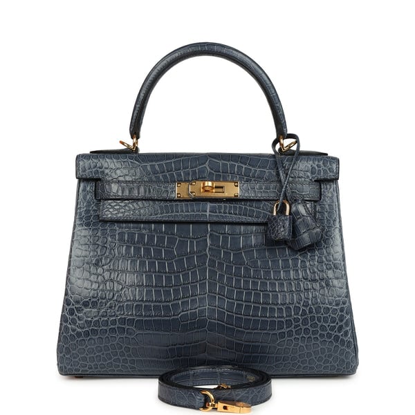 Hermes Hermes Kelly Retourne 28 Bleu Nuit Satin Matte Porosus Crocodile Gold Hardware