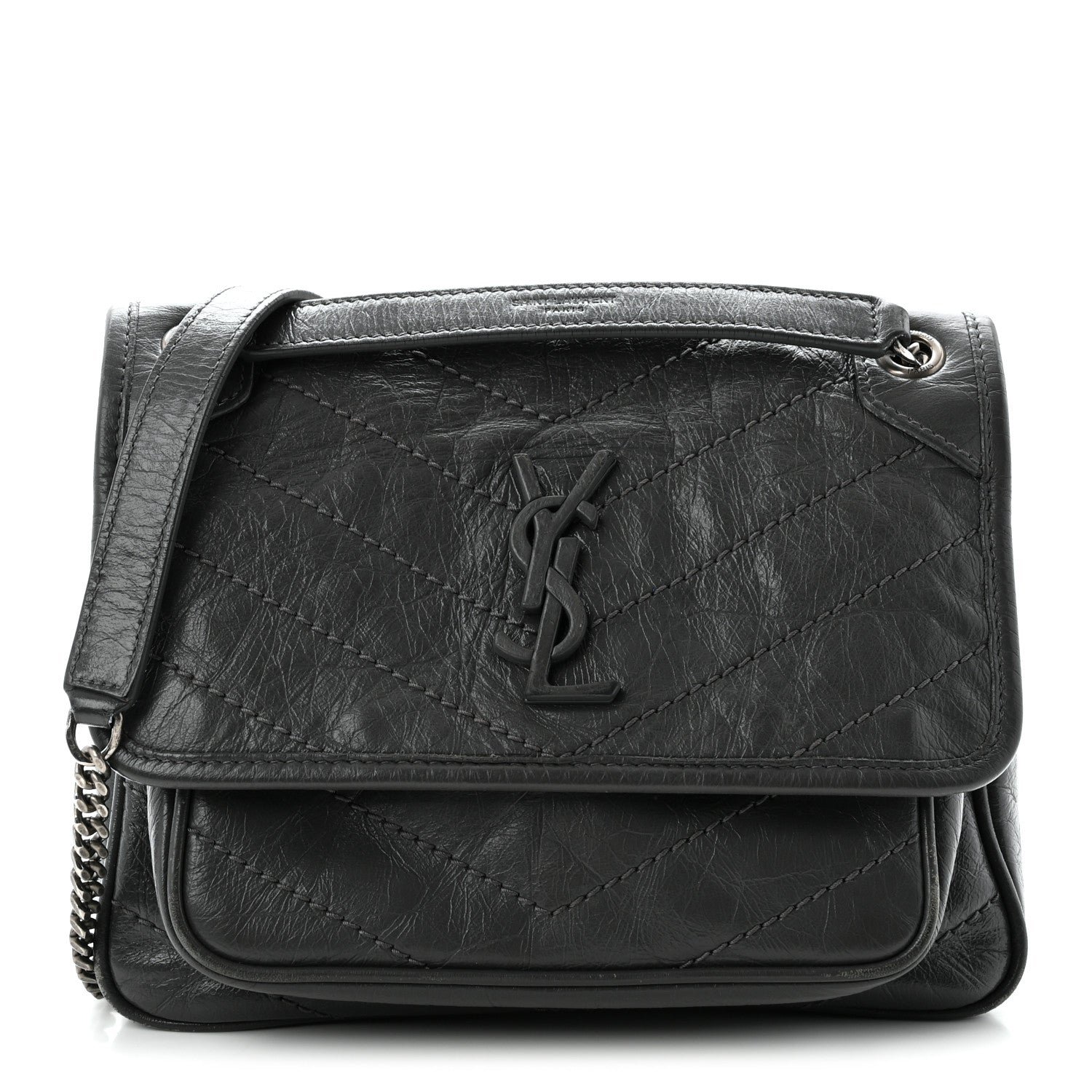 Saint Laurent Crinkled Calfskin Matelasse Monogram Baby Niki Chain Satchel Storm