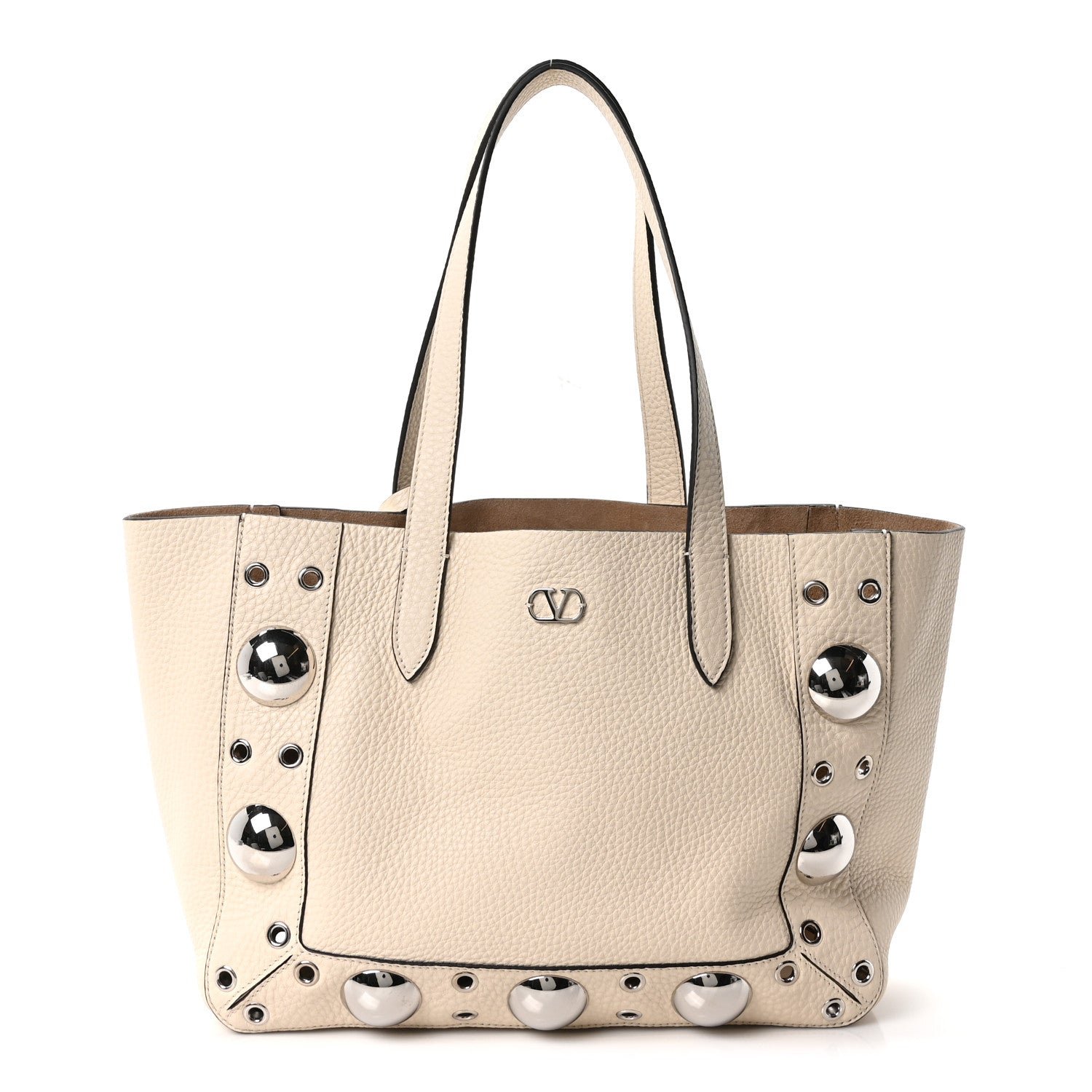 Valentino Garavani Grainy Calfskin Studded Small Nellcote Shopping Tote White