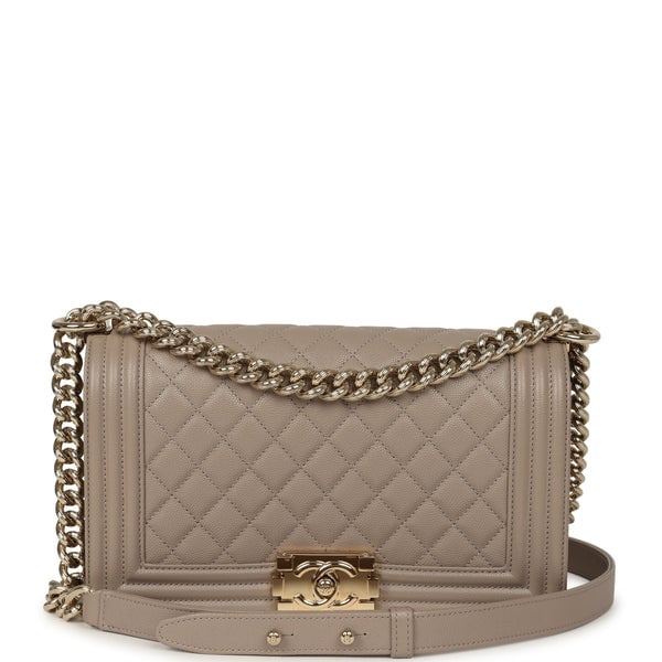 Pre-owned Chanel Medium Boy Bag Dark Beige Shiny Caviar Light Gold Hardware