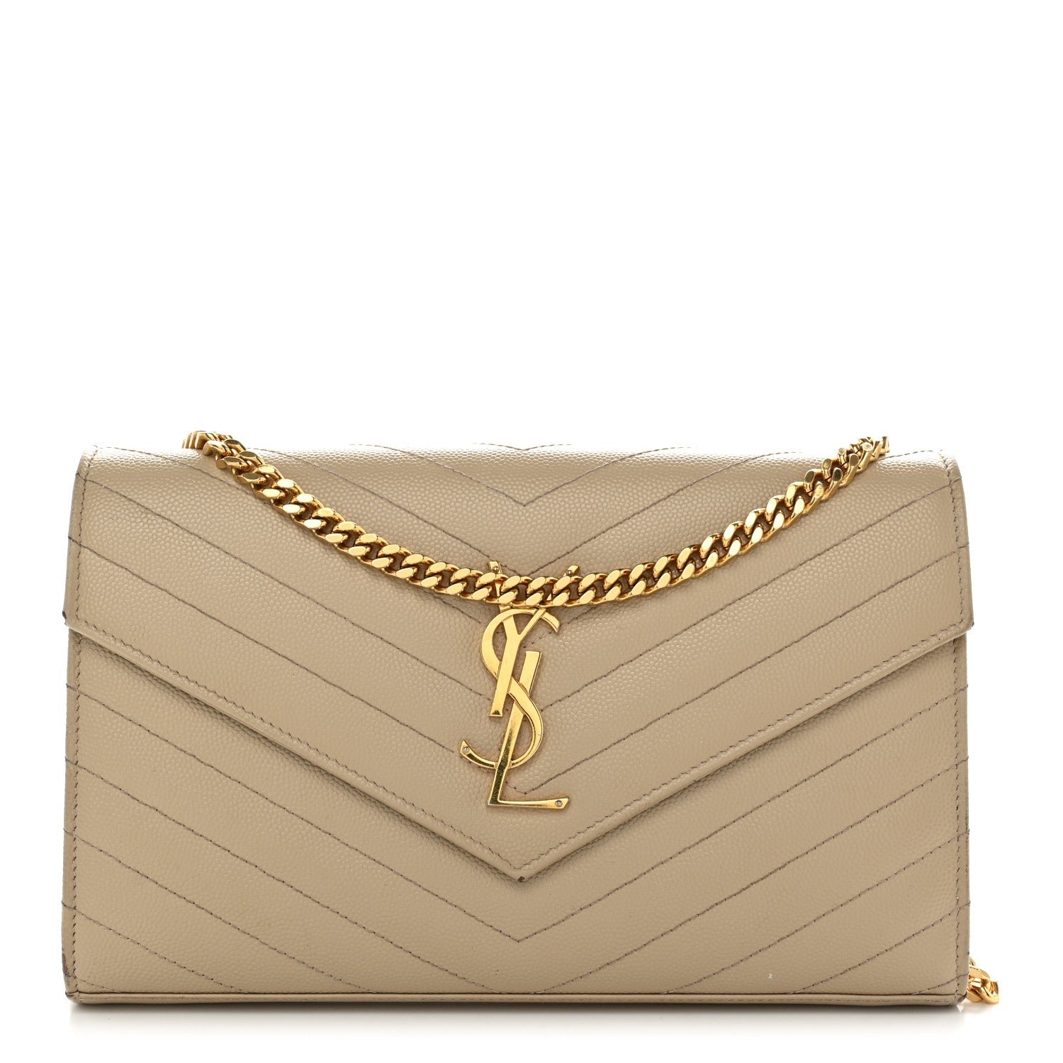 Saint Laurent Grain De Poudre Matelasse Chevron Monogram Chain Wallet Nude Powder