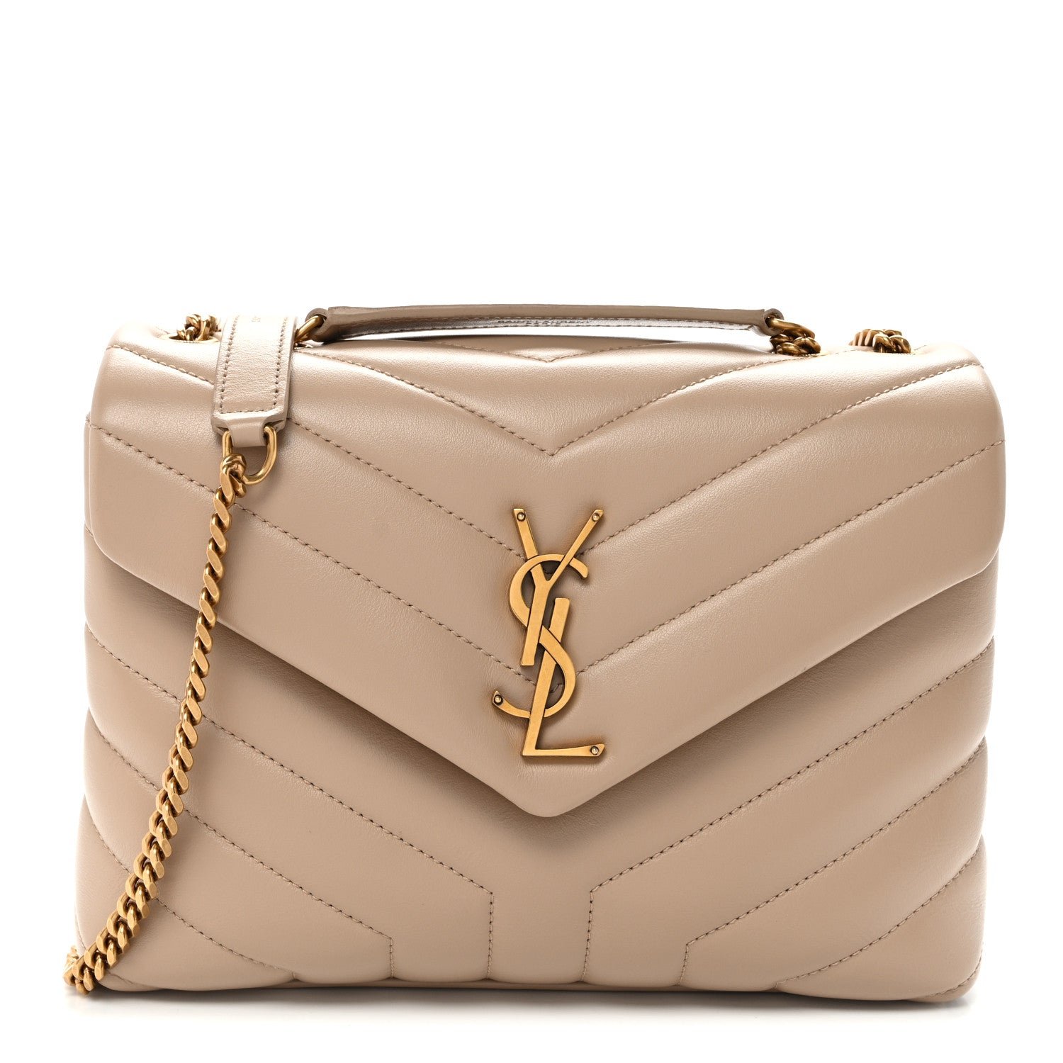 Saint Laurent Calfskin Y Quilted Monogram Small Loulou Chain Satchel Dark Beige