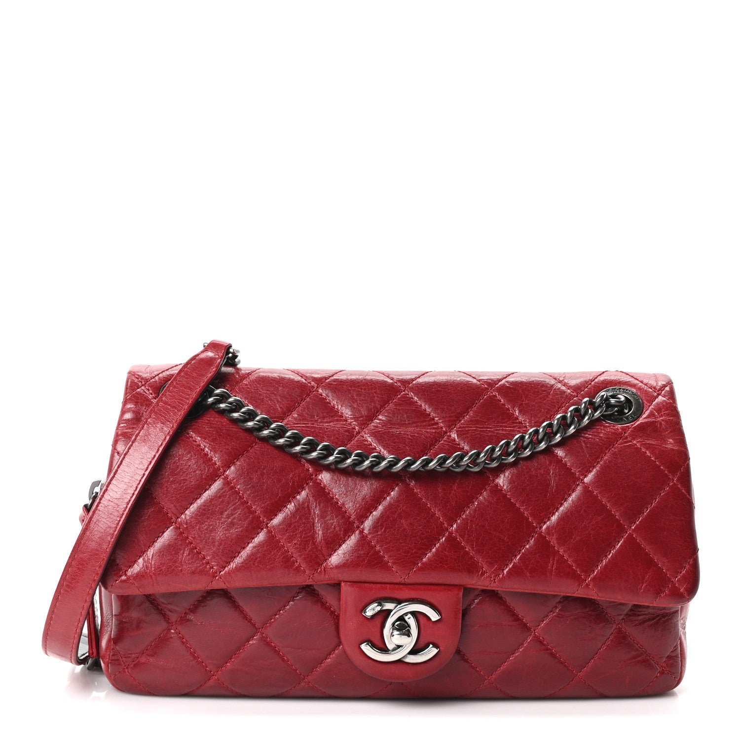 Chanel Glazed Calfskin Quilted Medium Duo Color Flap Dark Red