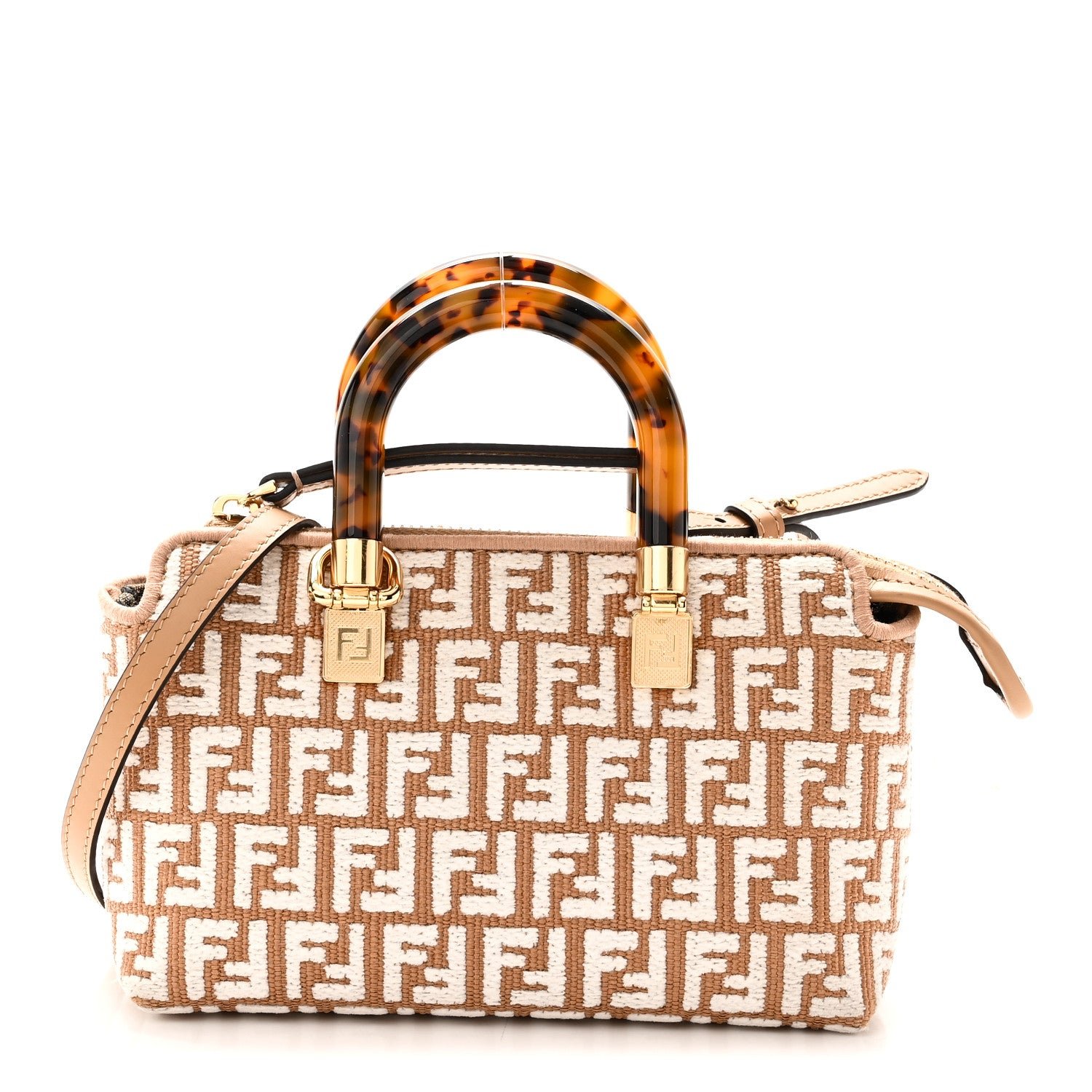 Fendi Raffia Chenille Vitello King Plexiglass Micro FF Mini By The Way Top Handle Boston Bag Naturale White