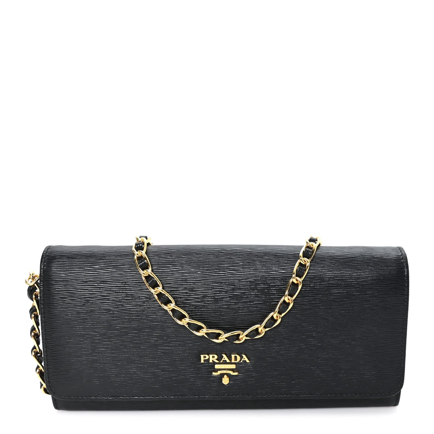 Prada Vitello Move Metal Oro Chain Wallet Black