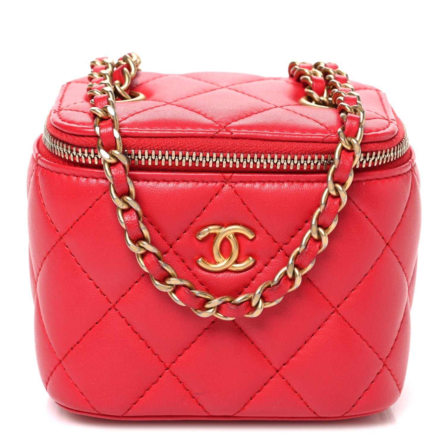 Chanel Lambskin Quilted Pearl Crush Mini Vanity Case With Chain Red