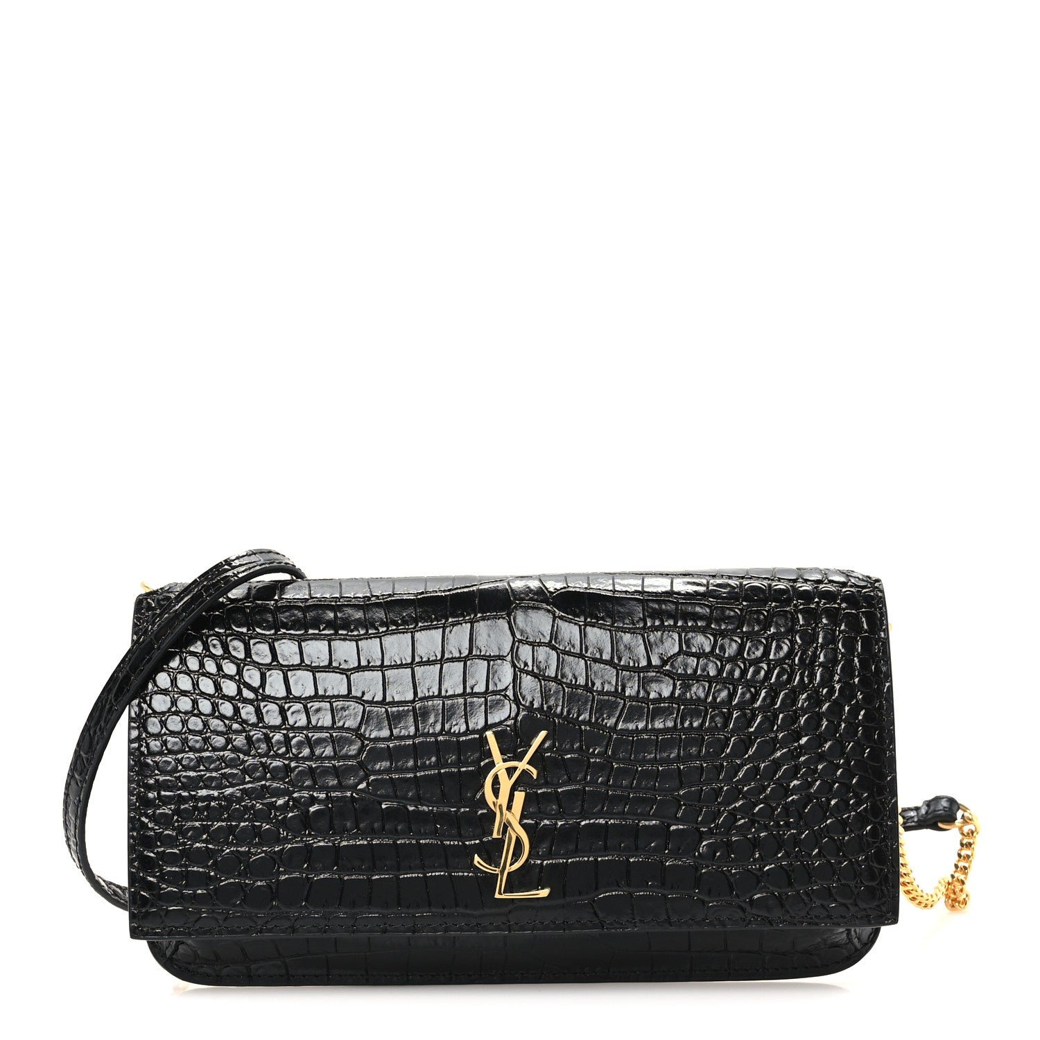 Saint Laurent Crocodile Embossed Monogram Phone Holder Crossbody Black