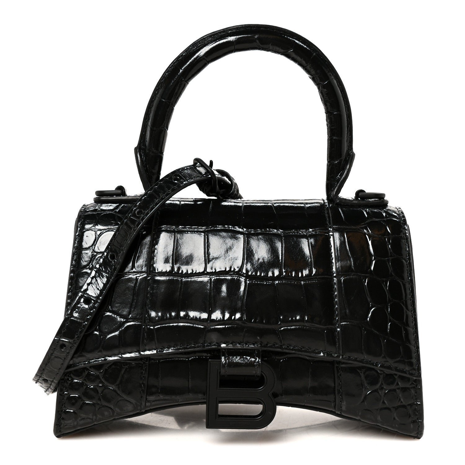 Balenciaga Shiny Calfskin Monochrome Crocodile Embossed Hourglass Top Handle Bag XS Black