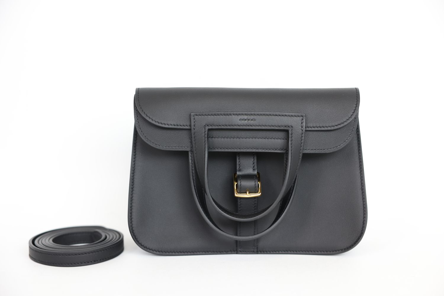 Hermes Hermes Halzan 22 Mini Bag, Noir Swift Calfskin and Gold Hardware, K 2025 Stamp, New in Box WA001
