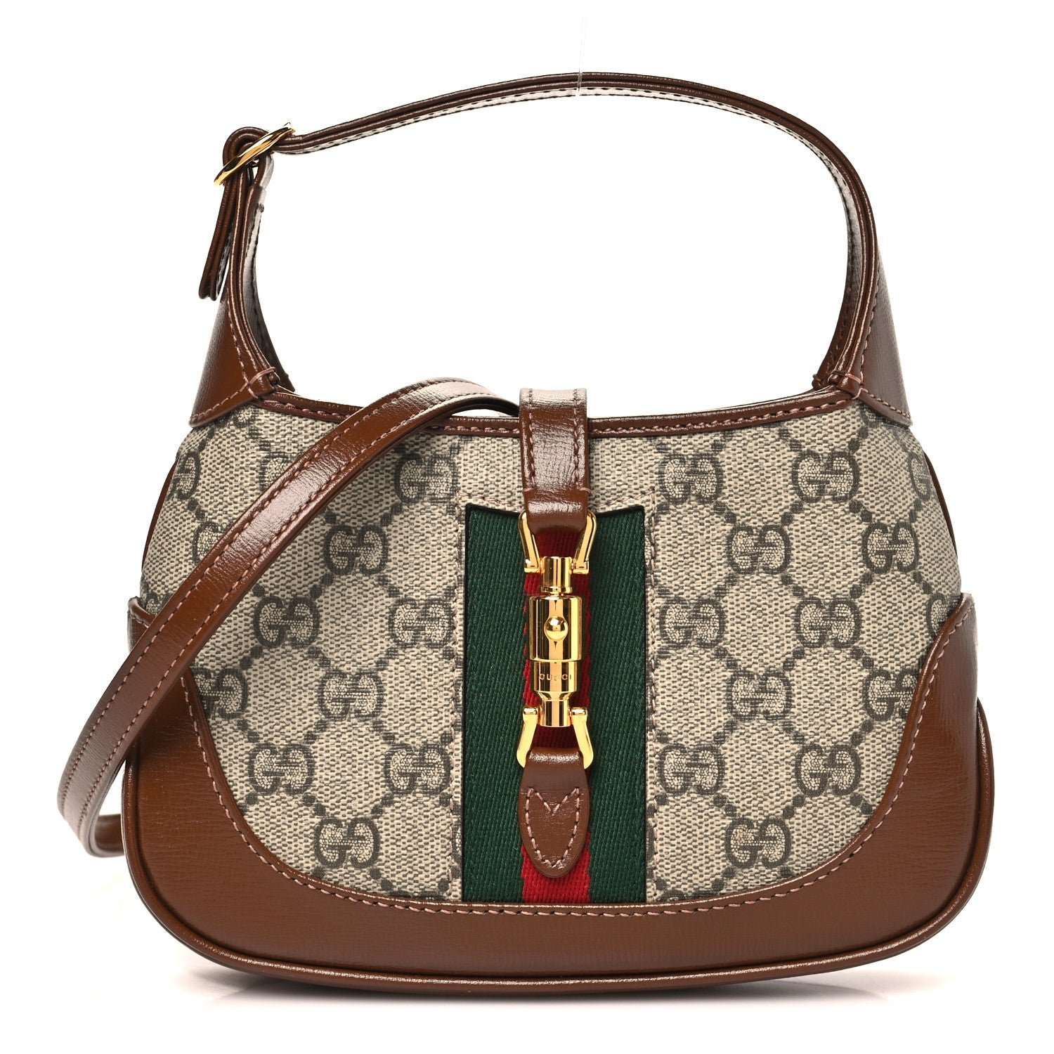 Gucci GG Supreme Monogram Azalea Calfskin Web Mini Jackie 1961 Hobo Beige Ebony Brown Sugar