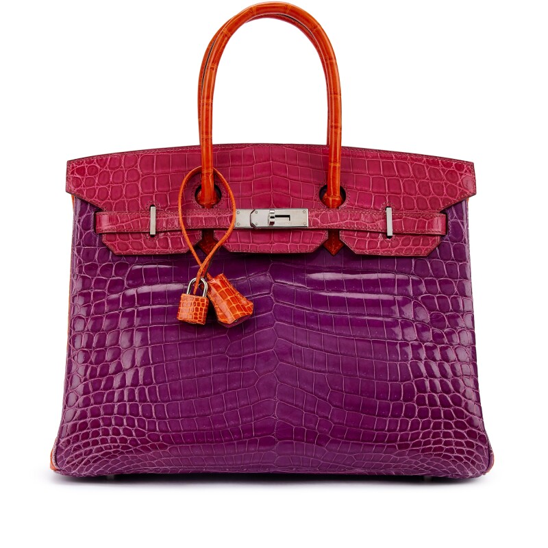Hermes Cyclamen, Fuchsia and Orange Shiny Niloticus Crocodile Birkin 35 Palladium Hardware, 2007