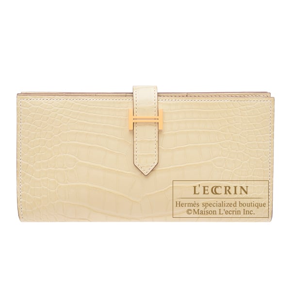 Hermes Bearn Soufflet Vanille Matt alligator crocodile skin Gold hardware